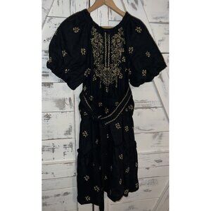 AMarie Brand Dress Womens XS Mini Flare Shift Linen Embroided W Sash Black/Tan